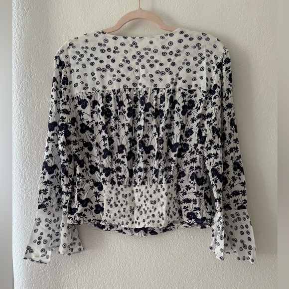 Free People Lady Bohemian Bell Floral Crop Smock Top Blue Boho Button Blouse L - Picture 9 of 13